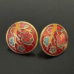 Scarlet Cherry Blossom Cloisonné Circle Earrings